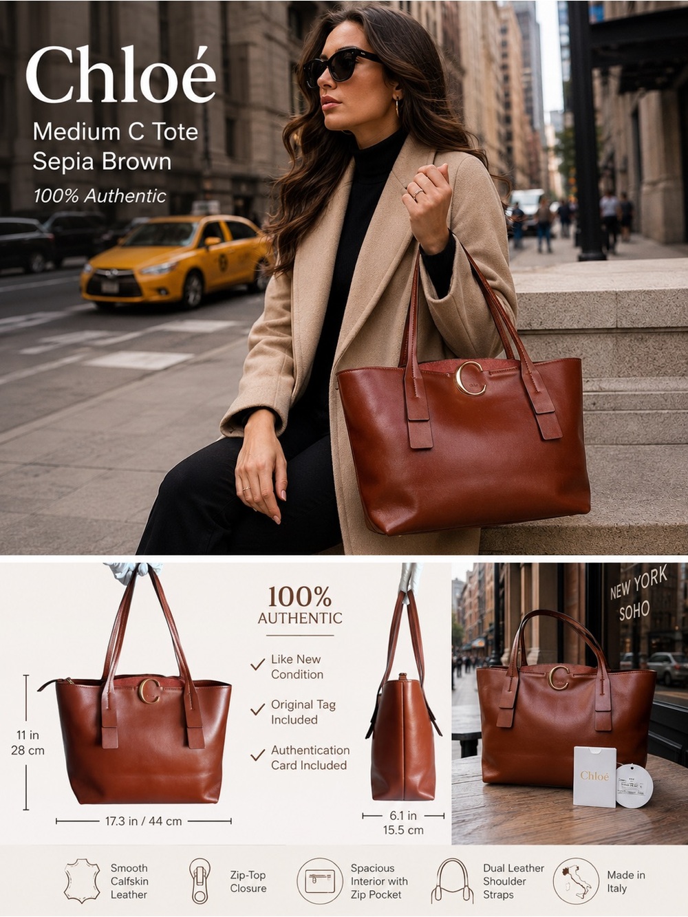 Authentic Chloé Medium C Zipped Tote – Sepia Brown Cognac Leather Like New